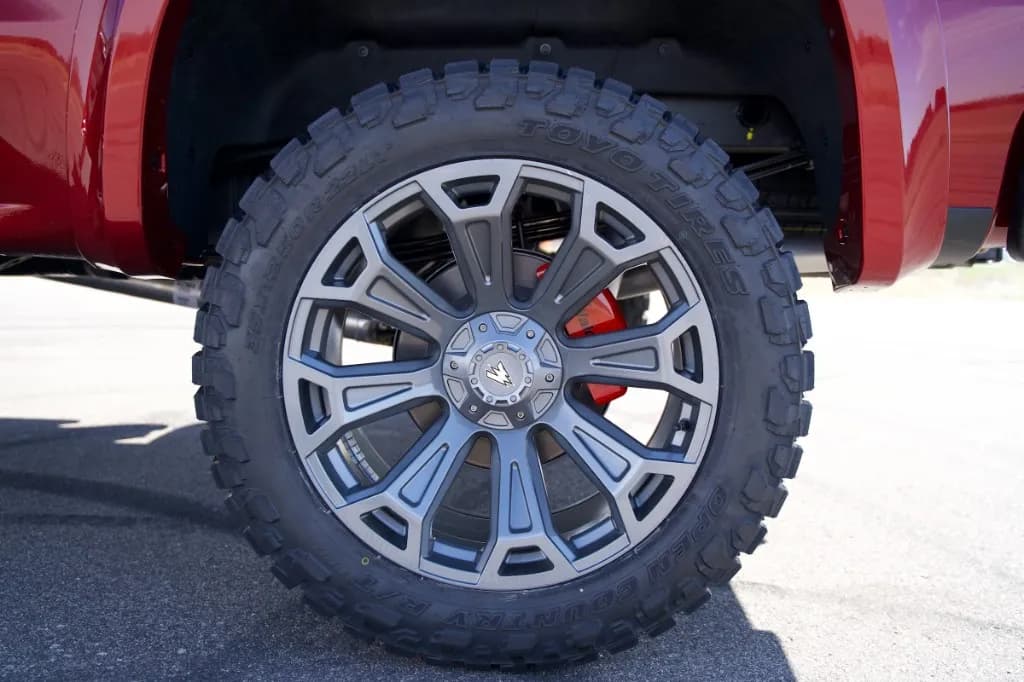Wheel, Toyo tire, and brake detail of the custom Chevy Silverado